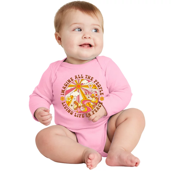 Hippie Imagine Living Life In Peace Sign Mushroom Retro 70s Baby Long Sleeve Bodysuit