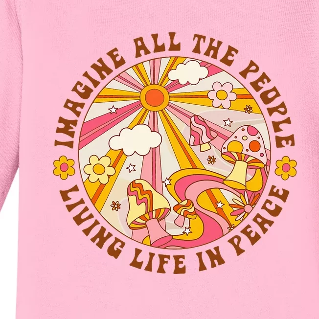 Hippie Imagine Living Life In Peace Sign Mushroom Retro 70s Baby Long Sleeve Bodysuit