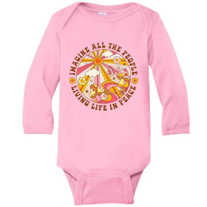 Hippie Imagine Living Life In Peace Sign Mushroom Retro 70s Baby Long Sleeve Bodysuit