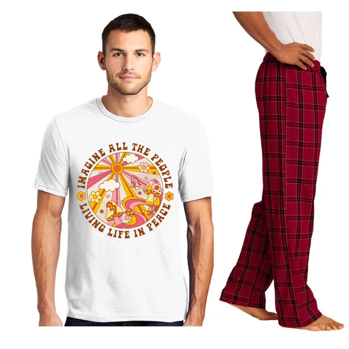 Hippie Imagine Living Life In Peace Sign Mushroom Retro 70s Pajama Set