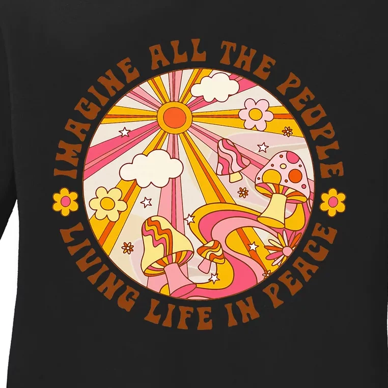 Hippie Imagine Living Life In Peace Sign Mushroom Retro 70s Ladies Long Sleeve Shirt