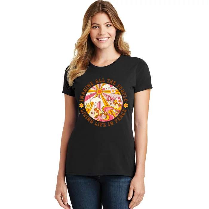 Hippie Imagine Living Life In Peace Sign Mushroom Retro 70s Women's T-Shirt