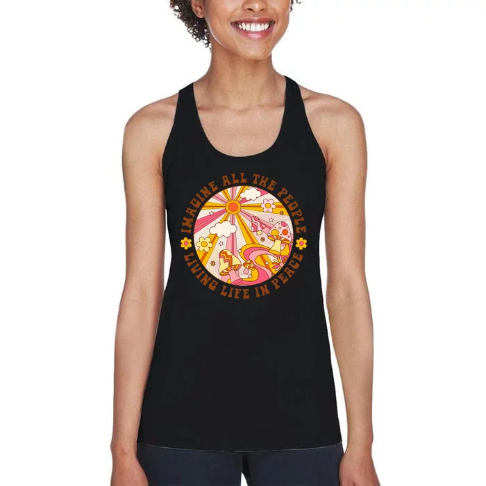 Hippie Imagine Living Life In Peace Sign Mushroom Retro 70s Women's Racerback Tank