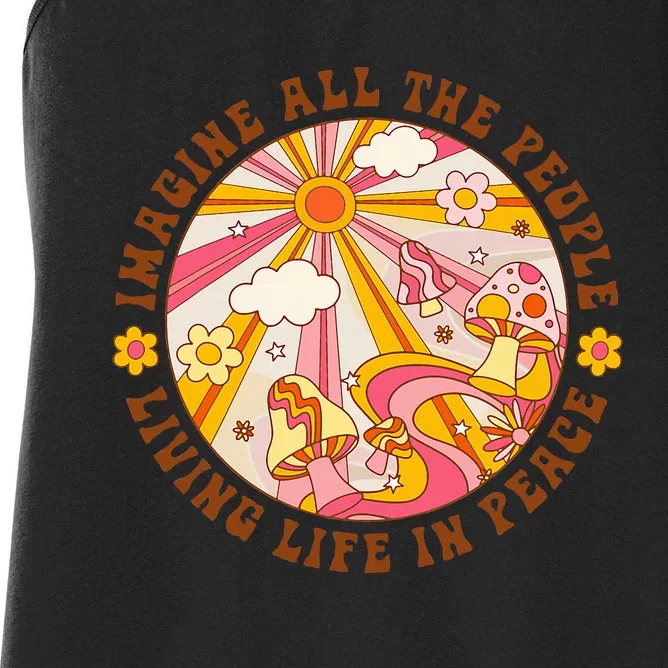 Hippie Imagine Living Life In Peace Sign Mushroom Retro 70s Women's Racerback Tank