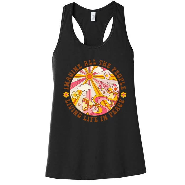 Hippie Imagine Living Life In Peace Sign Mushroom Retro 70s Women's Racerback Tank