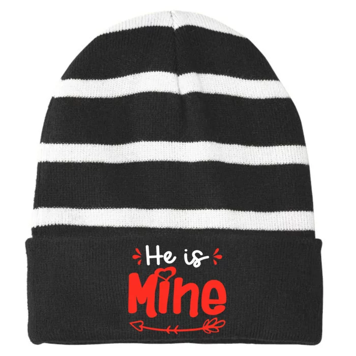 He Is Mine She Is Mine Set Matching Couples Valentine's Day Striped Beanie with Solid Band