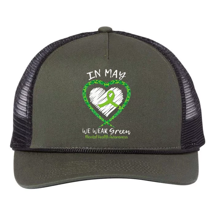 Heart In May We Wear Green Ribbon Mental Health Awareness Retro Rope Trucker Hat Cap