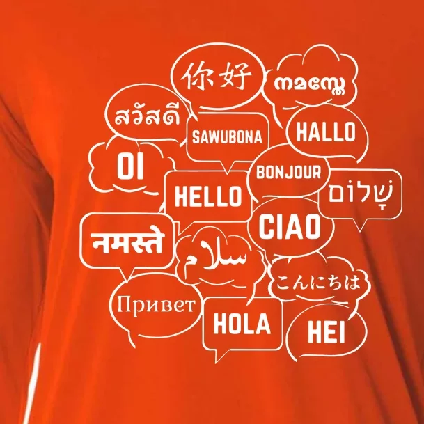 Hello In Many Languages Translator Globetrotter Polyglot Cooling Performance Long Sleeve Crew