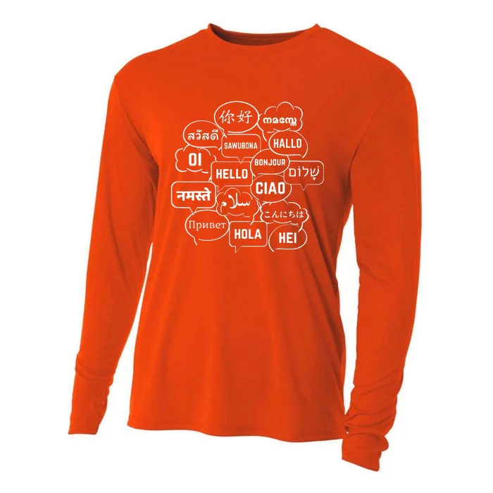 Hello In Many Languages Translator Globetrotter Polyglot Cooling Performance Long Sleeve Crew