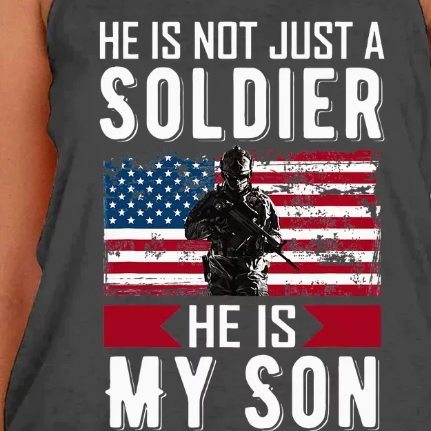 He Is Not Just A Soldier He Is My Son Proud Military Mom Dad Women's Knotted Racerback Tank