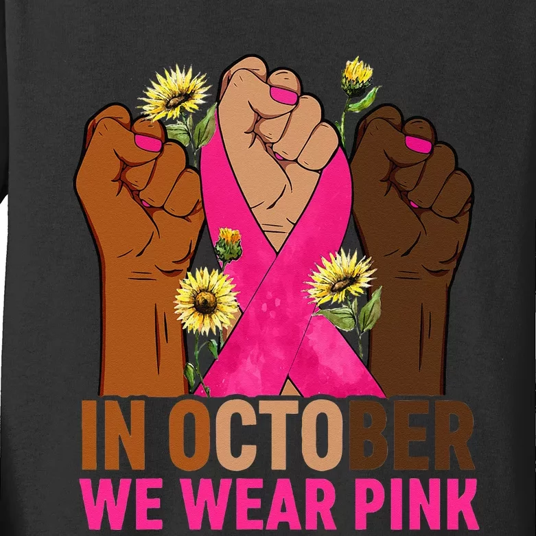 Hand In October We Wear Pink Breast Cancer Awareness Month Kids Long Sleeve Shirt