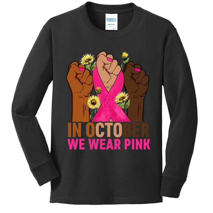 Hand In October We Wear Pink Breast Cancer Awareness Month Kids Long Sleeve Shirt