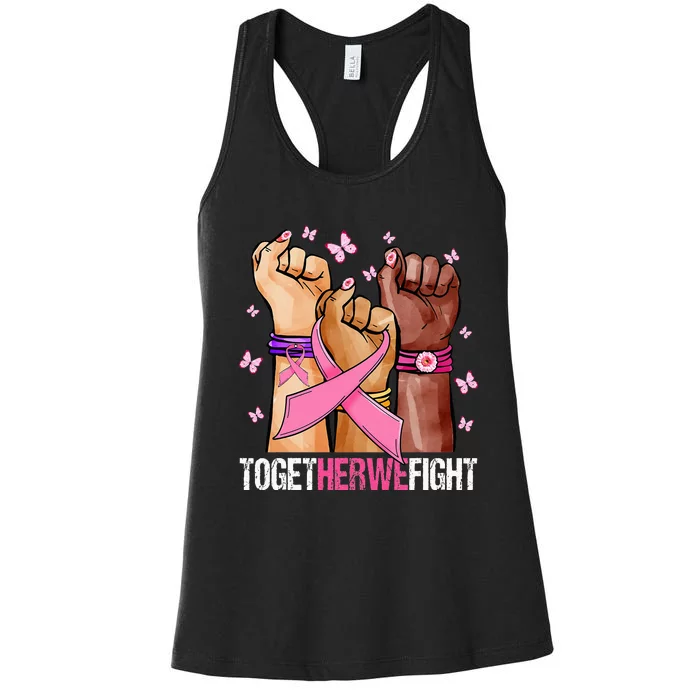 Hand In Pink Ribbon Together We Fight October Breast Cancer Women's Racerback Tank