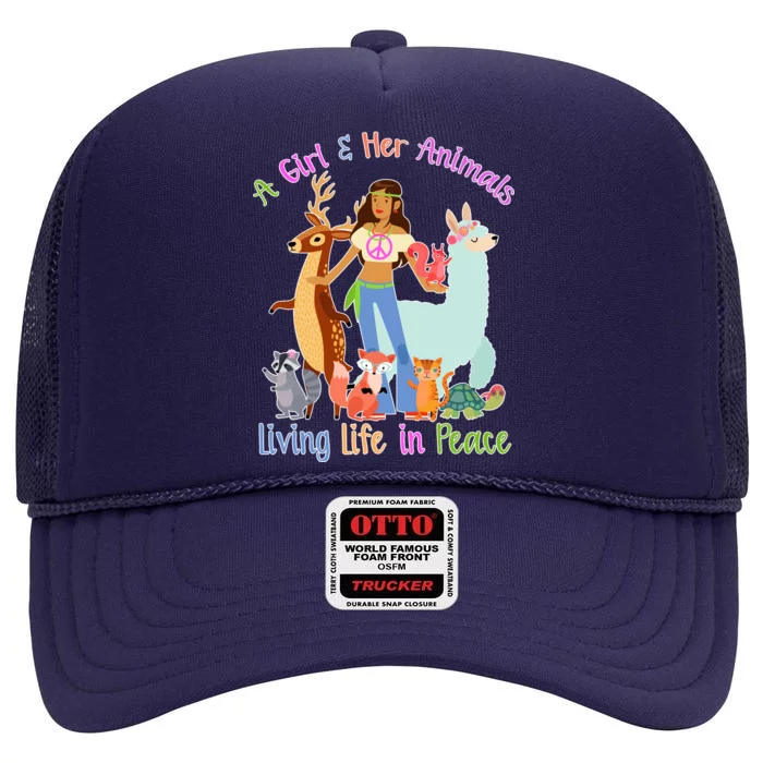 Hippie Girl And Her Animals Living Life High Crown Mesh Trucker Hat