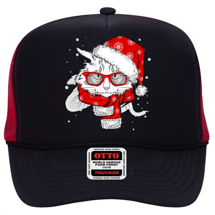 Hipster Christmas Cat High Crown Mesh Trucker Hat