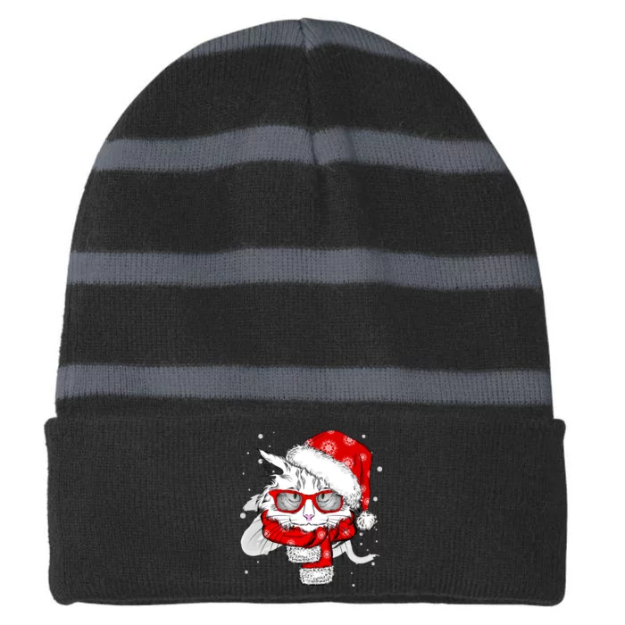 Hipster Christmas Cat Striped Beanie with Solid Band