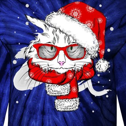 Hipster Christmas Cat Tie-Dye Long Sleeve Shirt