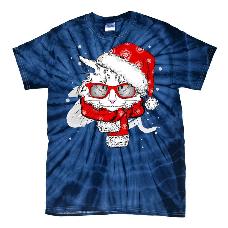 Hipster Christmas Cat Tie-Dye T-Shirt
