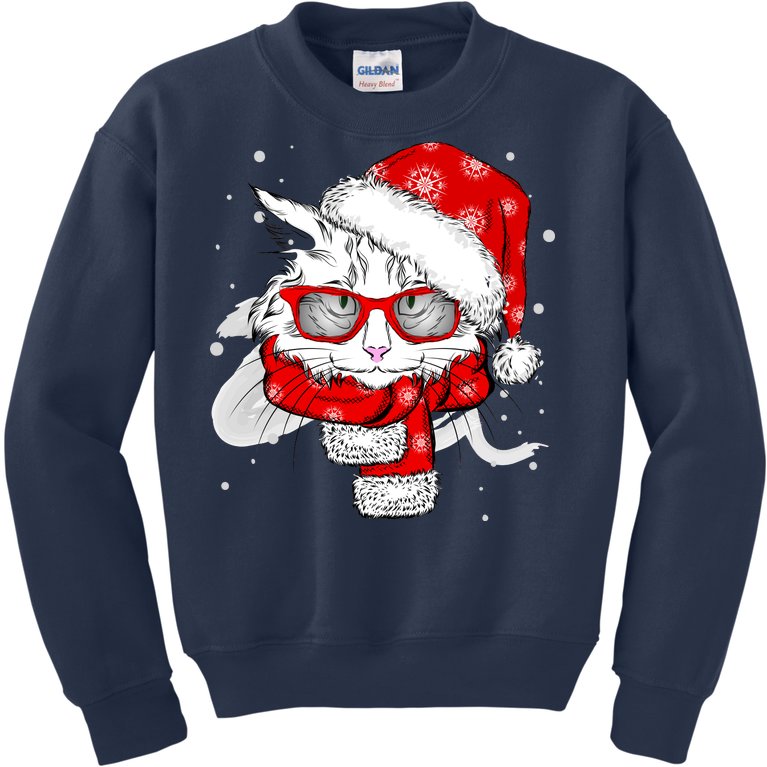 Hipster Christmas Cat Kids Sweatshirt