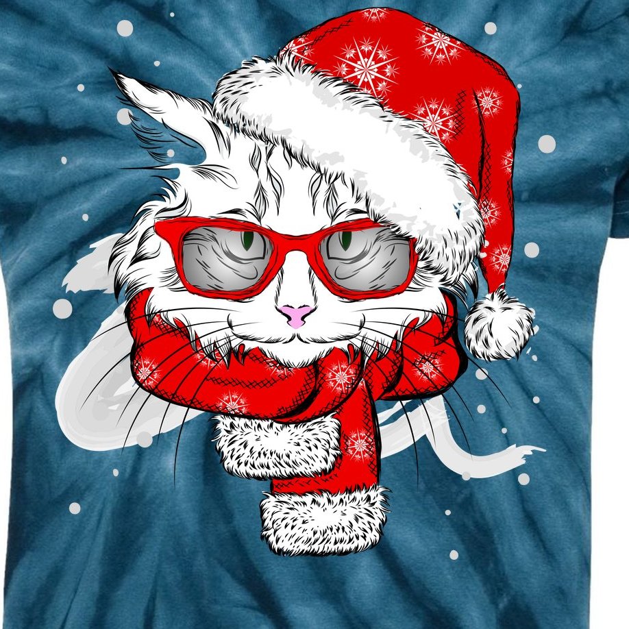 Hipster Christmas Cat Kids Tie-Dye T-Shirt