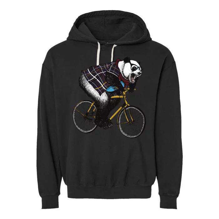 Hipster Panda Riding Bicycle Garment-Dyed Fleece Hoodie