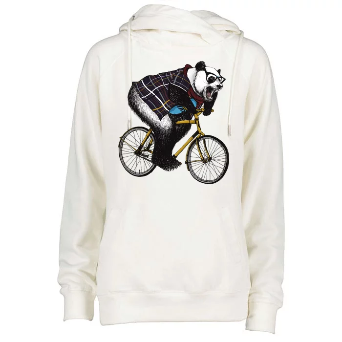 Hipster Panda Riding Bicycle Womens Funnel Neck Pullover Hood