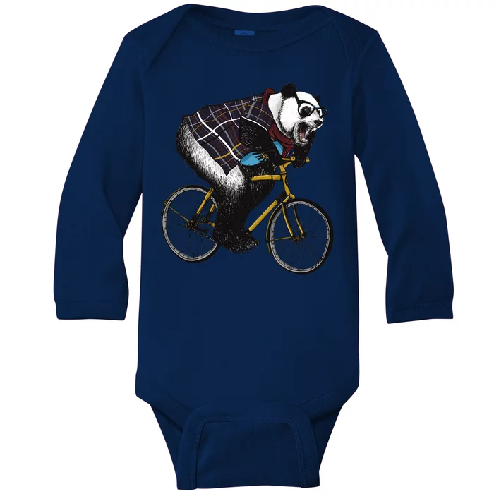 Hipster Panda Riding Bicycle Baby Long Sleeve Bodysuit