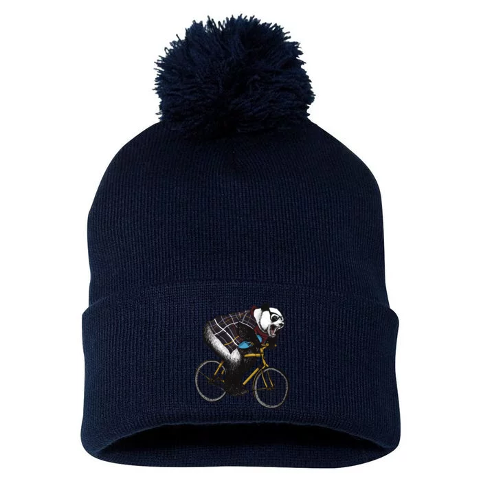 Hipster Panda Riding Bicycle Pom Pom 12in Knit Beanie