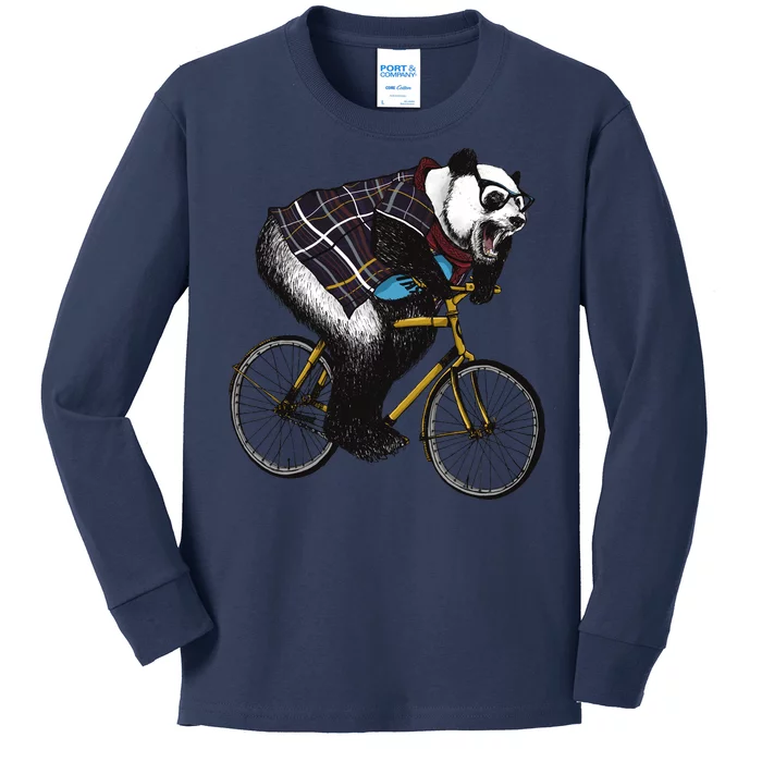 Hipster Panda Riding Bicycle Kids Long Sleeve Shirt