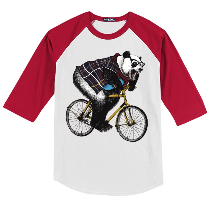 Hipster Panda Riding Bicycle Kids Colorblock Raglan Jersey