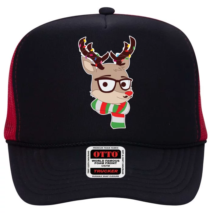 Hipster Red Nose Reindeer Christmas Lights High Crown Mesh Trucker Hat