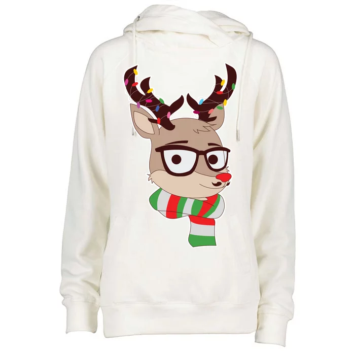 Hipster Red Nose Reindeer Christmas Lights Womens Funnel Neck Pullover Hood