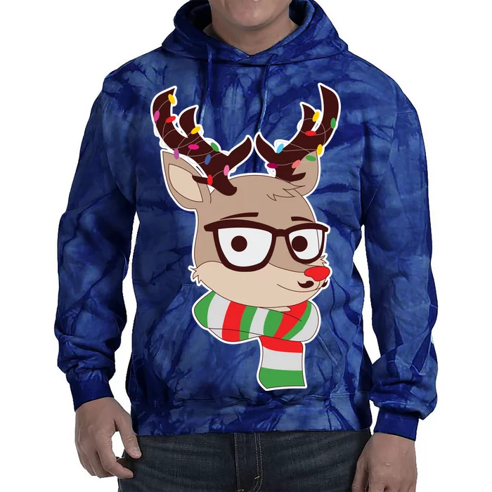 Hipster Red Nose Reindeer Christmas Lights Tie Dye Hoodie