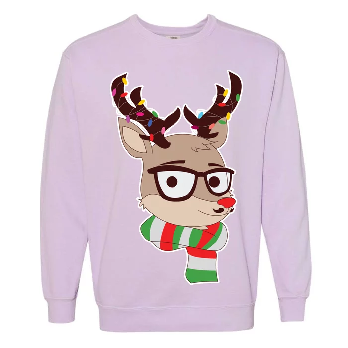 Hipster Red Nose Reindeer Christmas Lights Garment-Dyed Sweatshirt