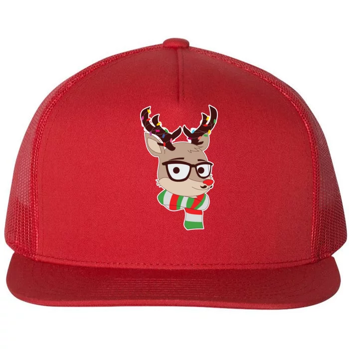 Hipster Red Nose Reindeer Christmas Lights Flat Bill Trucker Hat