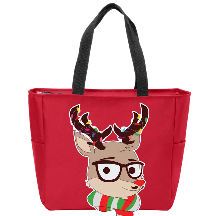 Hipster Red Nose Reindeer Christmas Lights Zip Tote Bag