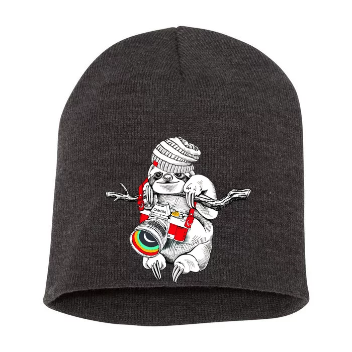 Hipster Sloth With Retro Camera Short Acrylic Beanie