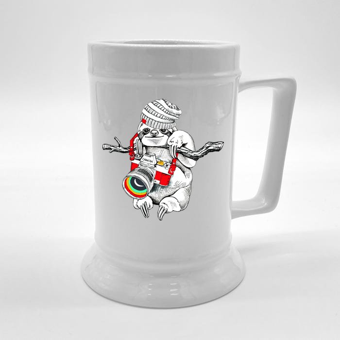 Hipster Sloth With Retro Camera Front & Back Beer Stein