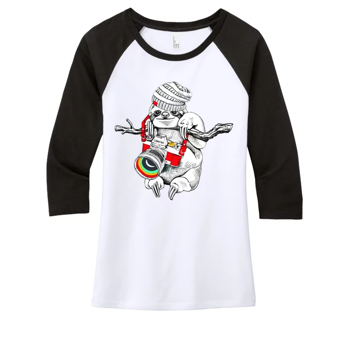 Hipster Sloth With Retro Camera Women's Tri-Blend 3/4-Sleeve Raglan Shirt