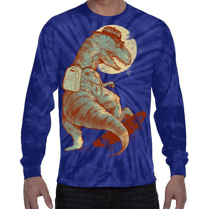 Hipster T-Rex Skateboarding Tie-Dye Long Sleeve Shirt