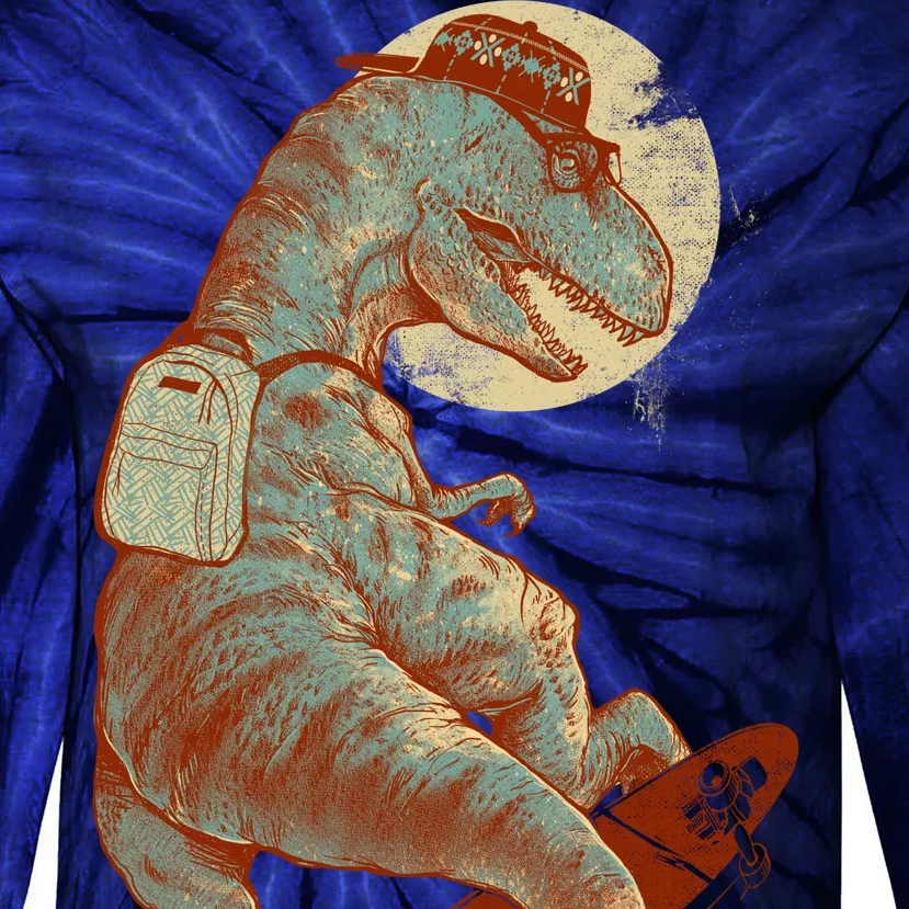 Hipster T-Rex Skateboarding Tie-Dye Long Sleeve Shirt