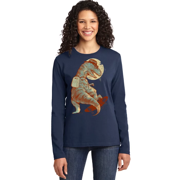 Hipster T-Rex Skateboarding Ladies Long Sleeve Shirt