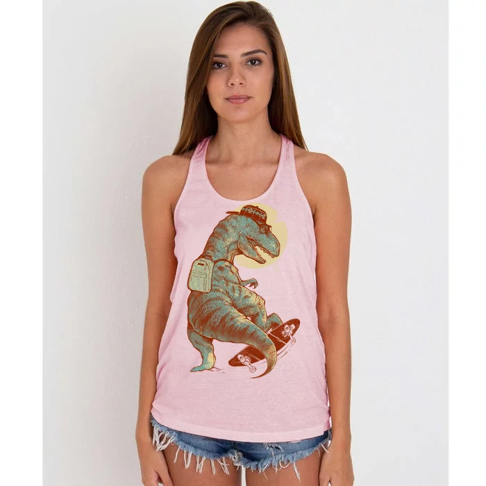 Hipster T-Rex Skateboarding Women's Knotted Racerback Tank