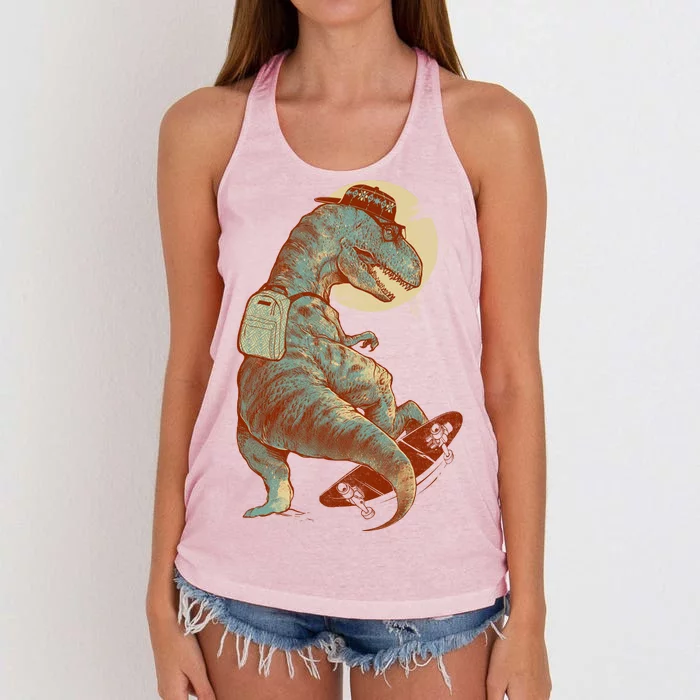 Hipster T-Rex Skateboarding Women's Knotted Racerback Tank