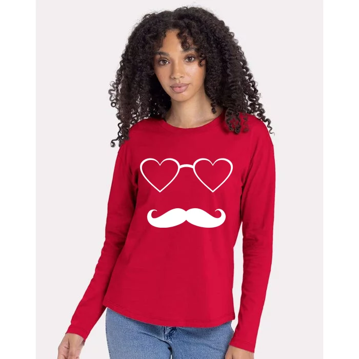 Hipster Valentine's Day Heart Glasses w/ Mustache Womens Cotton Relaxed Long Sleeve T-Shirt