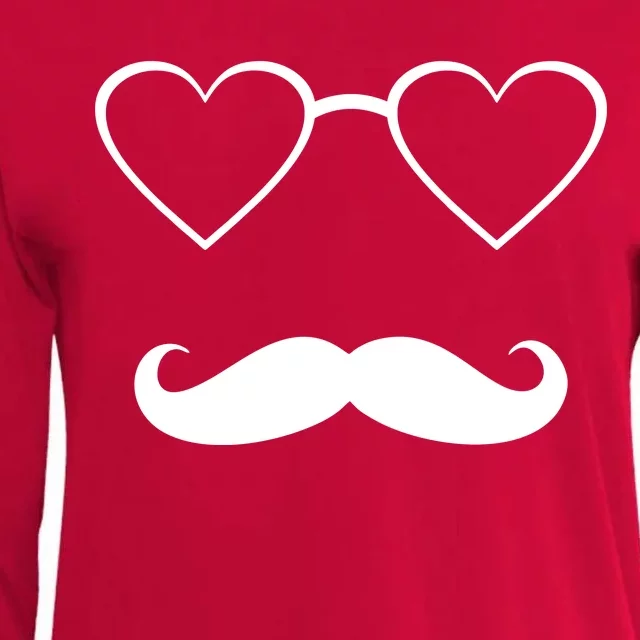 Hipster Valentine's Day Heart Glasses w/ Mustache Womens Cotton Relaxed Long Sleeve T-Shirt