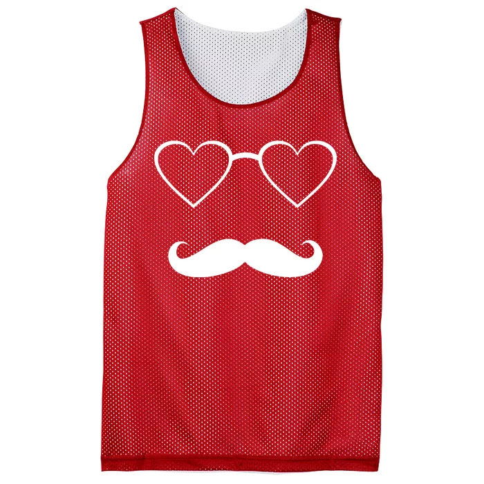 Hipster Valentine's Day Heart Glasses w/ Mustache Mesh Reversible Basketball Jersey Tank