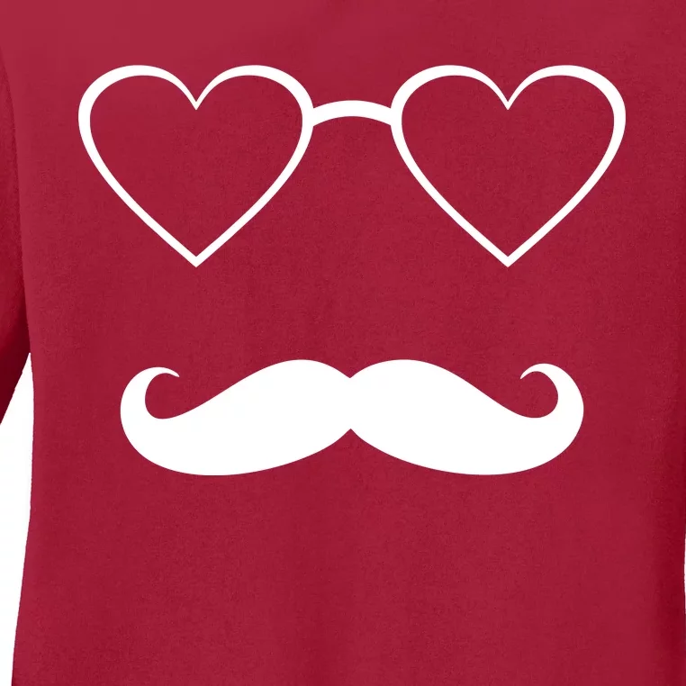 Hipster Valentine's Day Heart Glasses w/ Mustache Ladies Long Sleeve Shirt