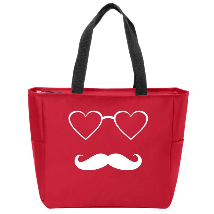 Hipster Valentine's Day Heart Glasses w/ Mustache Zip Tote Bag