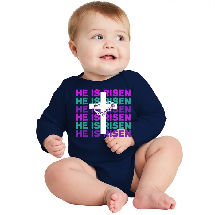 He Is Risen Retro Cross Easter Baby Long Sleeve Bodysuit